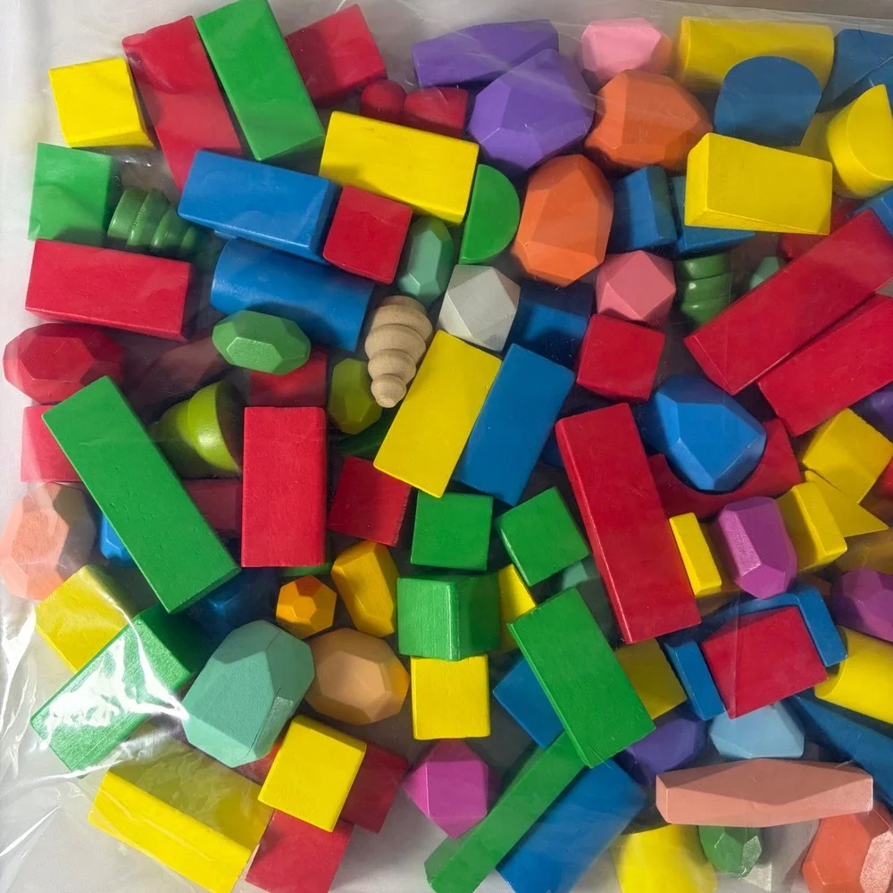 158pc Wooden Building Blocks Bulk Set Rainbow Geometric Shapes Montessori Toy